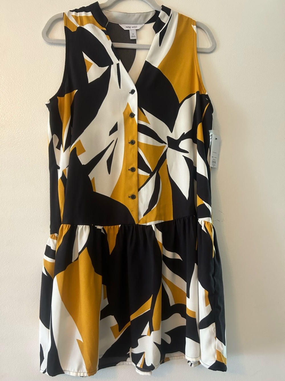 Nine West Mustard Black White Abstract Sleeveless Mini Dress